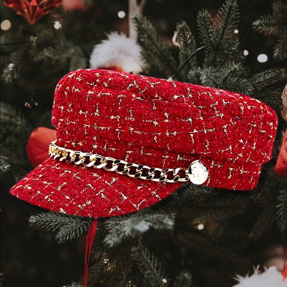 Accessories - Red tweed gold holiday Christmas hat